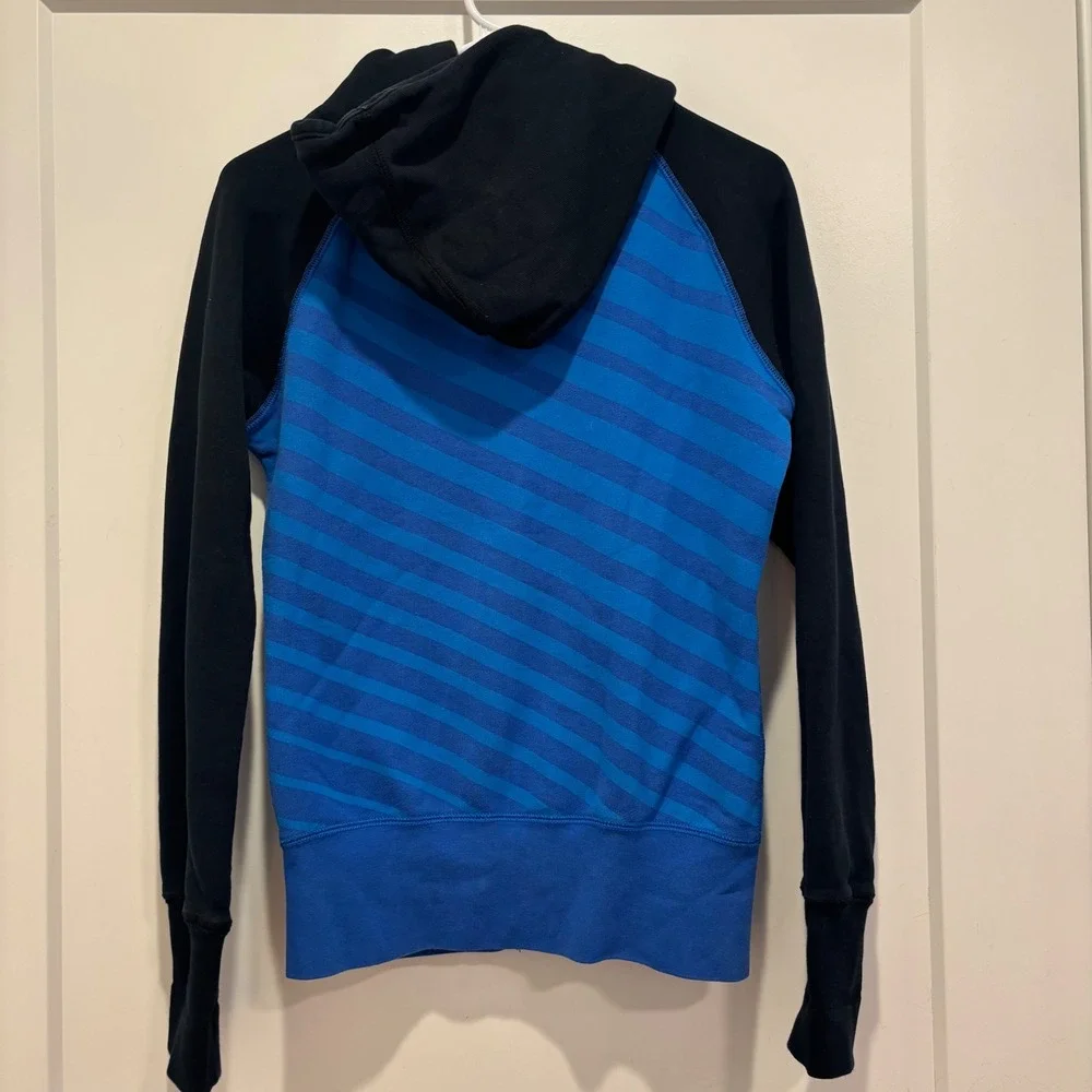 Vintage Nike Sportswear Womens Blue Black Full Zip‎ Hoodie Logo Striped Small